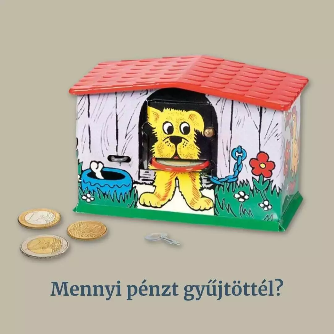 Retró kutyás persely, fémből készült Lemezárugyári kutyaház formájú játék persely, klasszikus 70-es, 80-as évekbeli magyar pénzgyűjtő.