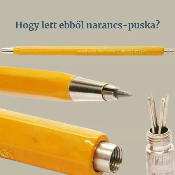 A klasszikus sárga Koh-I-Noor Versatil 5201 töltőceruza szétbontva, látszik a befogópatron és a fém alkatrészek.