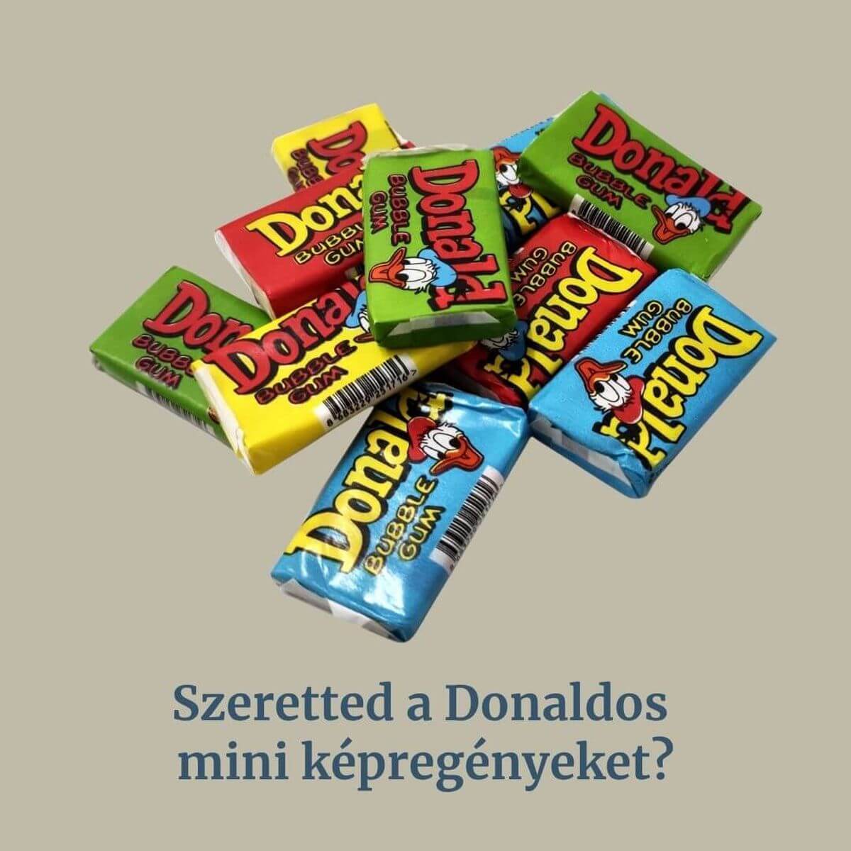 Retró Donald rágógumi (Bubble Gum), jellegzetes sárga csomagolásban, Disney képregénnyel, 80-as évek nosztalgia.