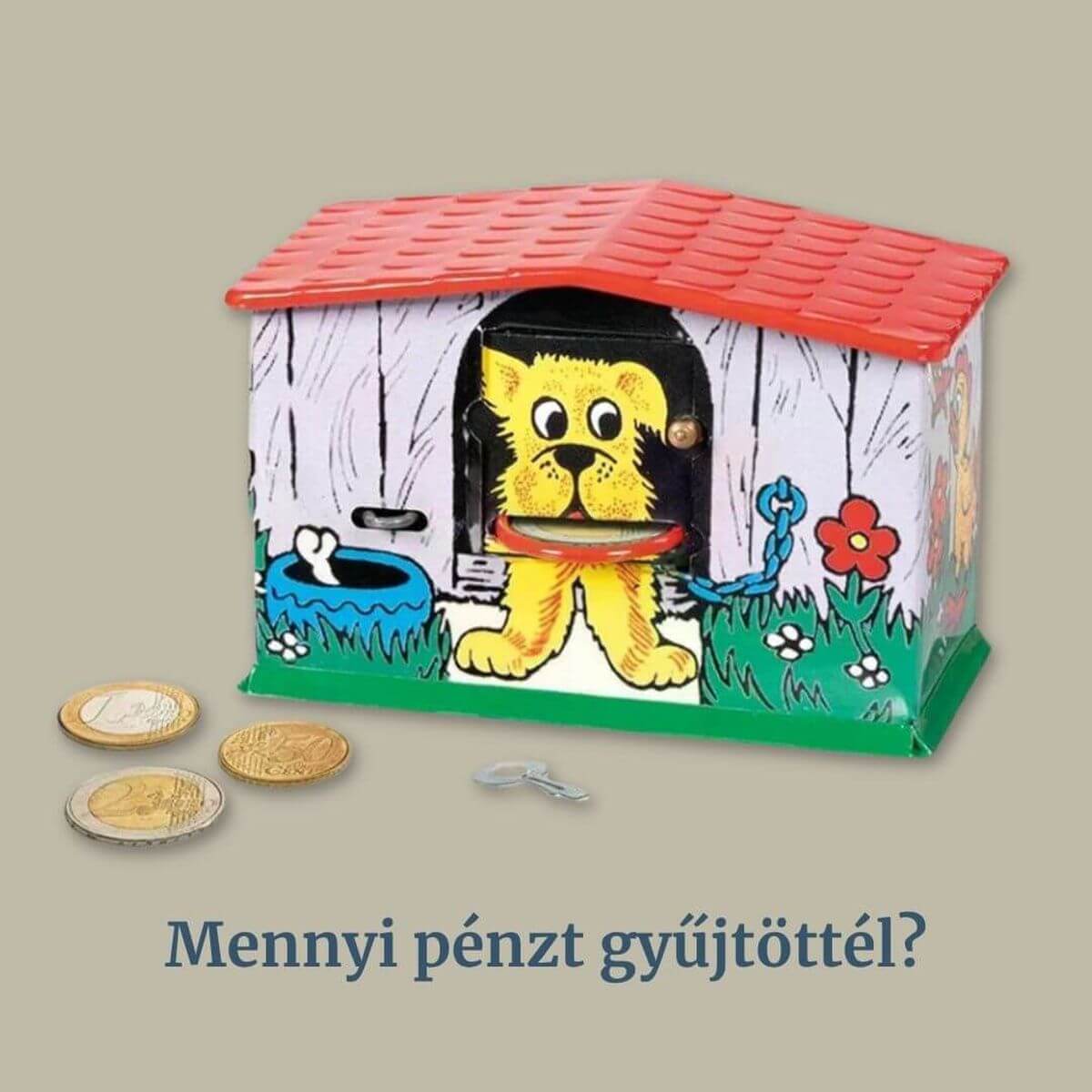 Retró kutyás persely, fémből készült Lemezárugyári kutyaház formájú játék persely, klasszikus 70-es, 80-as évekbeli magyar pénzgyűjtő.