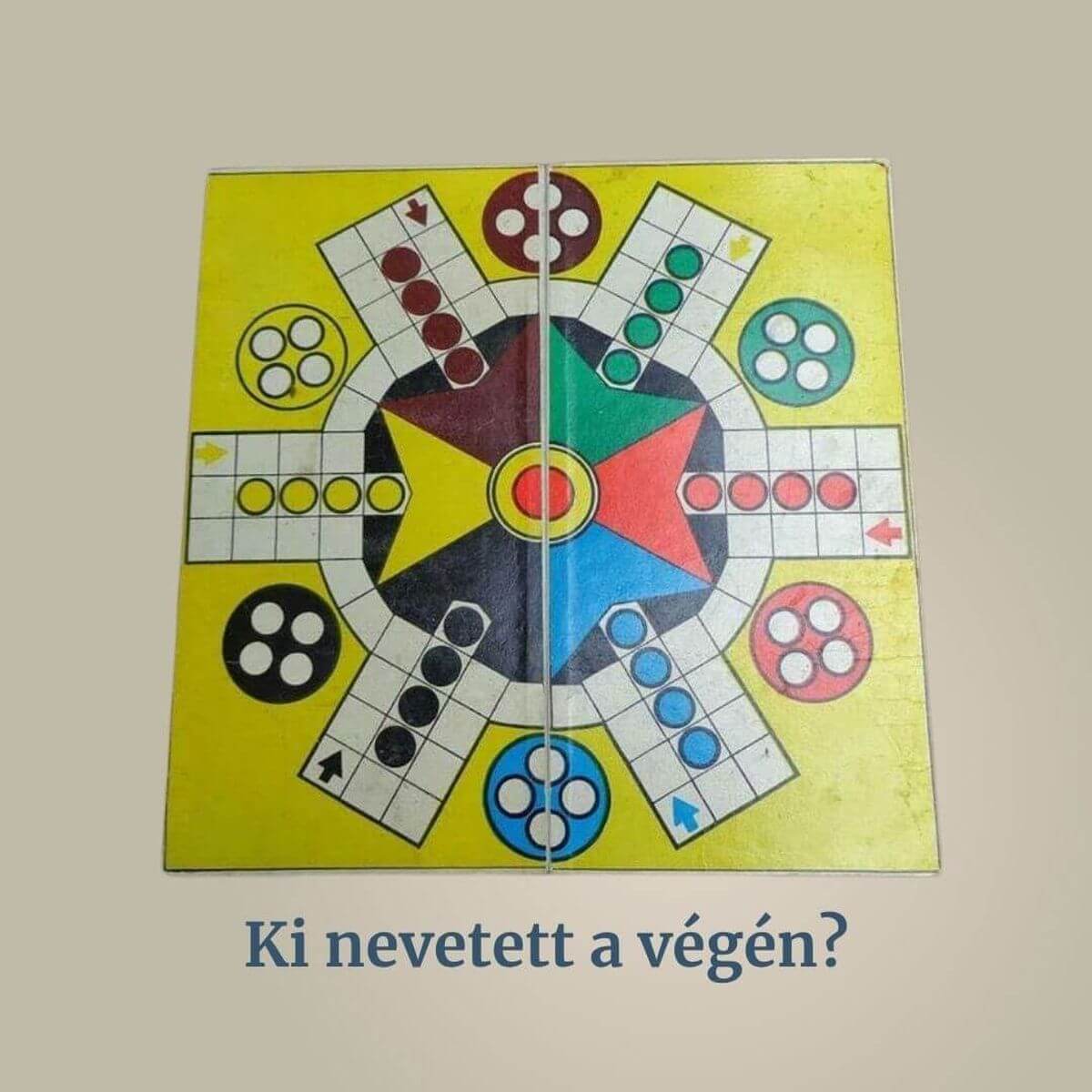 A "Ki nevet a végén?" klasszikus retró társasjáték táblája, színes bábukkal. Családi szórakozás a 80-as években.