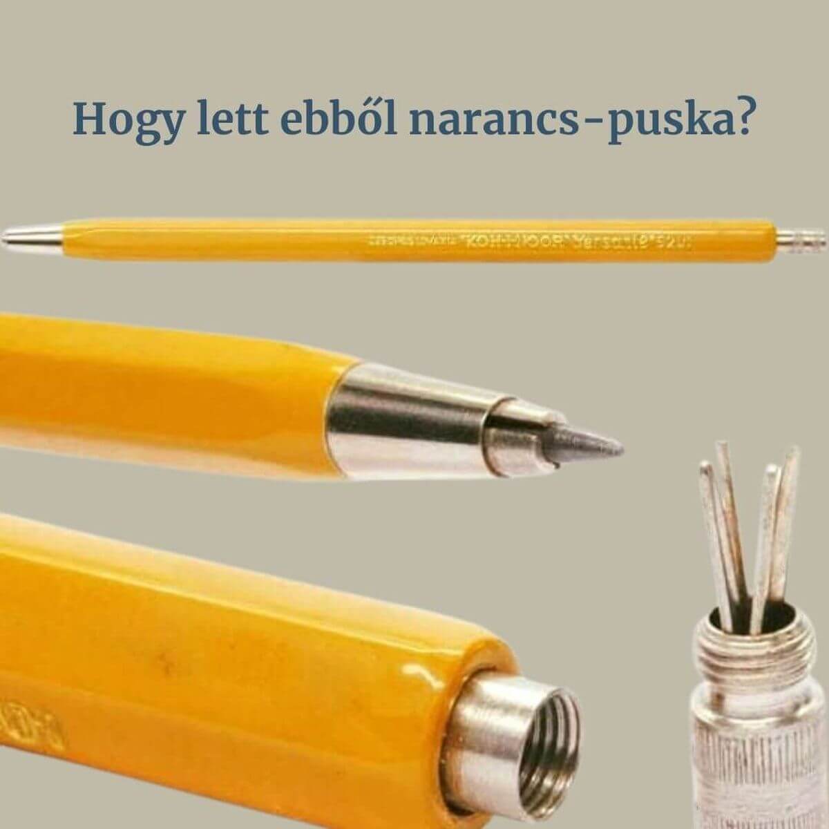 A klasszikus sárga Koh-I-Noor Versatil 5201 töltőceruza szétbontva, látszik a befogópatron és a fém alkatrészek.