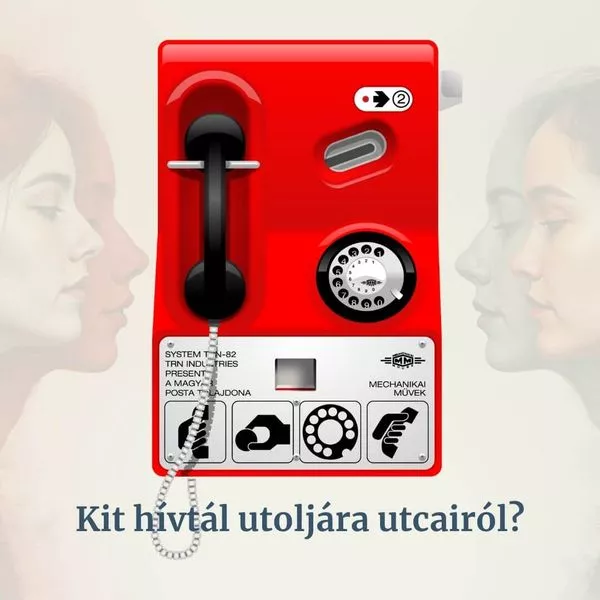 Piros, TMM-82 típusú utcai telefonfülke, a Kádár-korszak retró kommunikációs eszköze.